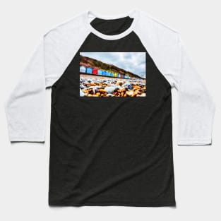 Cromer Beach Huts And Rocky Beach Baseball T-Shirt